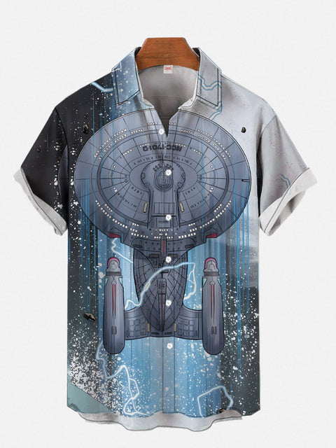 Sci-Fi Interstellar Travel Fleet Lightning Spaceship Printing Short Sleeve Shirt