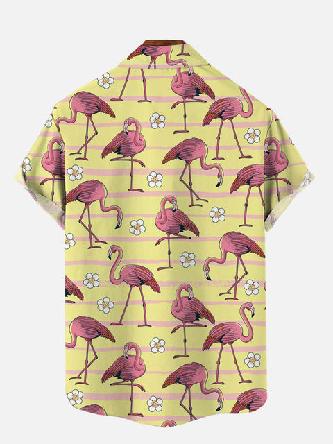 Colorful Hawaii Fashion Yellow Stripes And Flamingos Printing Short Sleeve Shirt