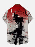 Ukiyo-E Art Ink Painting Samurai And Red Sun Printing Short Sleeve Shirt
