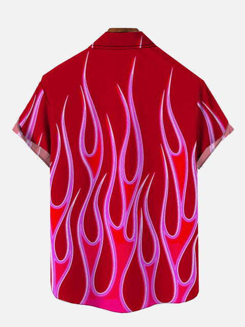 Vogue Deep Pink Fire Flame Pattern Printing Short Sleeve Shirt