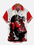 Retro Red And White Poster Ink Spots Space War Robot Printing Short Sleeve Shirt