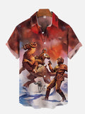 Retro Space Battle Knights And Mechanical Walkers Printing Breast Pocket Short Sleeve Shirt