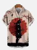 Ukiyo-E Mysterious Oriental Elements Red Sun And Sword-Wielding Samurai Printing Short Sleeve Shirt