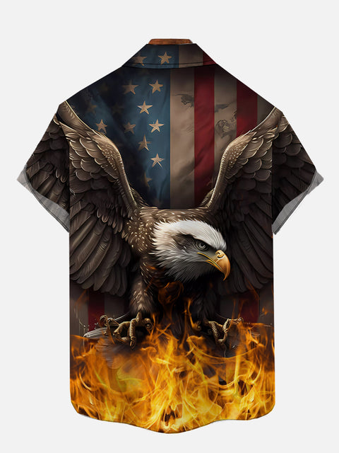 4Th Of July Classic Flaming Bald Eagle And American Flag Printing Short Sleeve Shirt