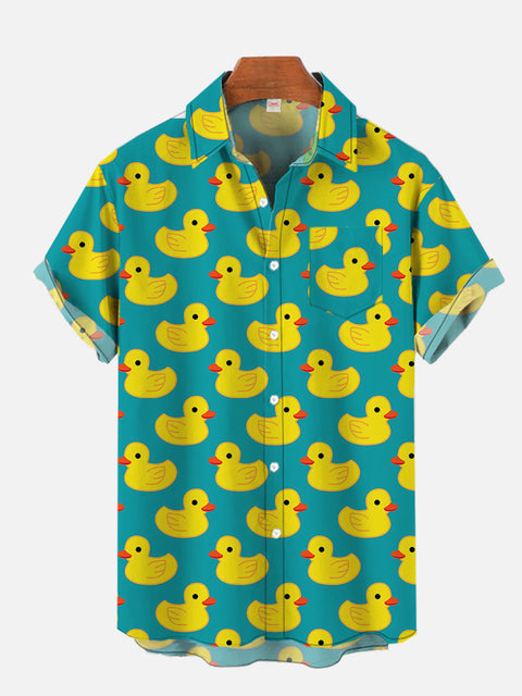 Hawaiian Yellow Duck Printing Breast Pocket Short Sleeve Shirt