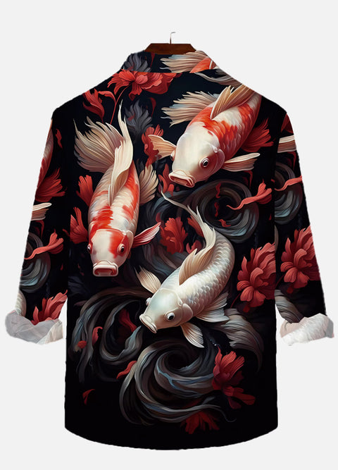 Mysterious Oriental Red And White Koi Fish And Flowers Printing Long Sleeve Shirt
