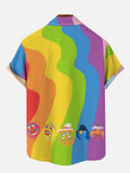 Cute Rainbow Striped Cartoon Costume Printing Breast Pocket Short Sleeve Shirt