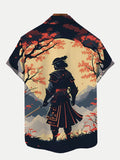 Japanese Ukiyo-E Samurai In The Forest At Night Under The Full Moon Printing Short Sleeve Shirt
