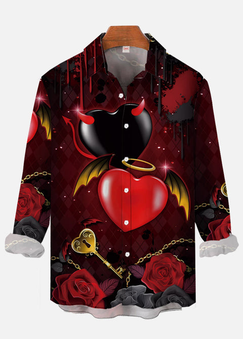 Valentine's Day Red And Black Devil And Angel Hearts And Roses Printing Long Sleeve Shirt