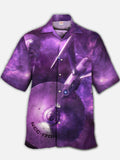 Eye-Catching Purple Mysterious Galaxy Outer Space And Spaceships Printing Cuban Collar Hawaiian Short Sleeve Shirt