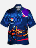 Eye-Catching Dark Blue Sci-Fi Fantasy Space Station and Galaxy Star Swirl Printing Cuban Collar Hawaiian Short Sleeve Shirt