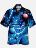 Eye-Catching Blue Outer Space Galaxy Planet And Spaceship Printing Cuban Collar Hawaiian Short Sleeve Shirt