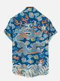 Mysterious Oriental Ethnic Style Blue Dragon Totem And Auspicious Clouds Printing Short Sleeve Shirt