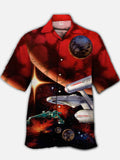 Eye-Catching Cool Black And Red Flashing Stars Space Galaxy Spaceships And Planets Printing Cuban Collar Hawaiian Short Sleeve Shirt