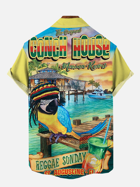 Tropical Marina Bar Drinking Parrot Printing Short Sleeve Shirt
