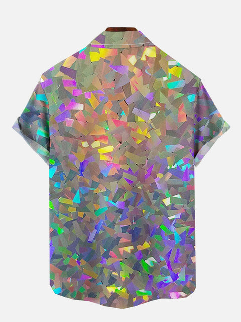 Fantasy Rainbow Glitter Printing Breast Pocket Short Sleeve Shirt
