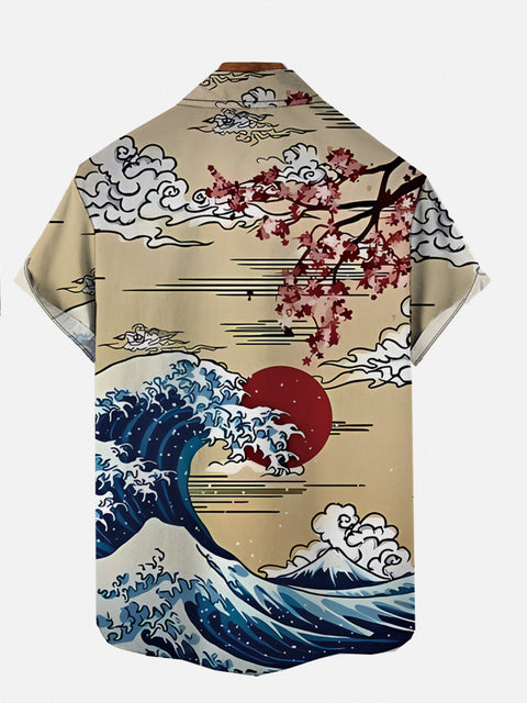 Ukiyo-E Red Flowers With Ocean Waves Personalized Printing Short Sleeve Shirt