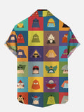 Colorful Color Block Splicing Cartoon Monster Characters Printing Breast Pocket Short Sleeve Shirt
