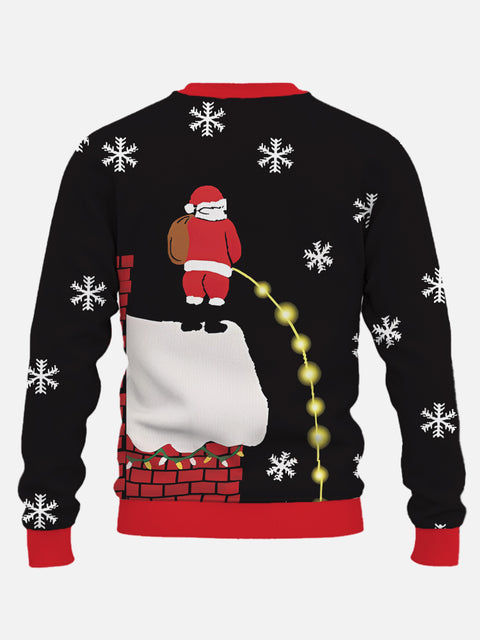 Black Christmas Naughty Santa Standing On Roof Printing Round Collar Sweatshirt