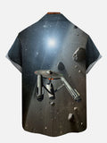 Retro Future Sci-Fi Space Starship And Meteorite Swarm Printing Breast Pocket Short Sleeve Shirt