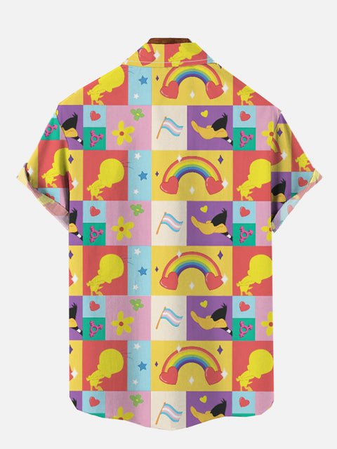 Color Block Splicing Cartoon Rainbow Pattern Printing Breast Pocket Short Sleeve Shirt