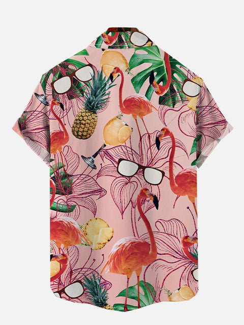 Hawaiian Hand Drawn Flowers And Flamingo Pineapple Printing Breast Pocket Short Sleeve Shirt