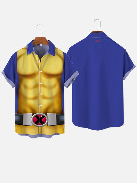Gold And Blue Spliced Superman Cartoon Costume Printing Short Sleeve Shirt
