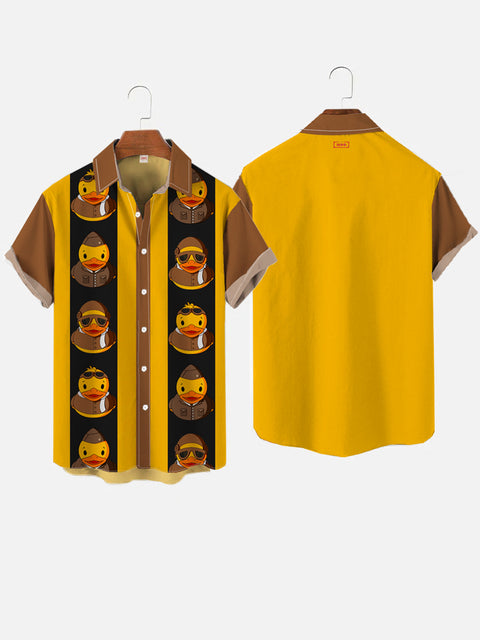 Retro Brown And Yellow Stripes And Formal Rubber Ducks Printing Short Sleeve Shirt