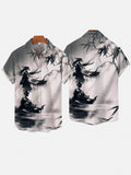 Mysterious Oriental Classic Ink Painting Knight And Bamboo Leaves Printing Short Sleeve Shirt