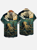 Giant Octopus And Sailing Boat On The Sea Surface Printing Short Sleeve Shirt
