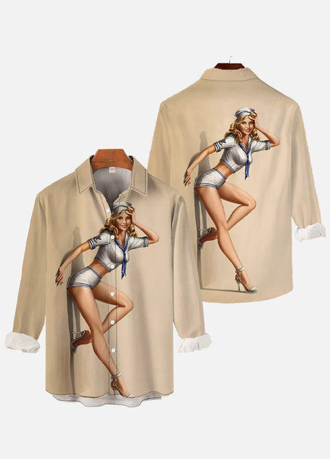 Vintage Pin Up Art Sexy Girl In White Uniform Printing Long Sleeve Shirt