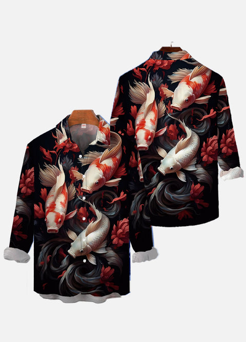 Mysterious Oriental Red And White Koi Fish And Flowers Printing Long Sleeve Shirt