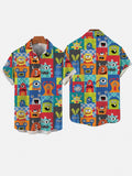 Abstract Colorful Color Blocks Splicing And Cute Cartoon Monsters Printing Short Sleeve Shirt