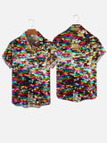 2D Retro Disco Mosaic Style Colored Sequins Printing Breast Pocket Short Sleeve Shirt