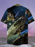 Eye-Catching Futuristic Style Vast Starry Universe And Sci-Fi Interstellar Travel Fleet Star-Fighters Printing Cuban Collar Hawaiian Short Sleeve Shirt
