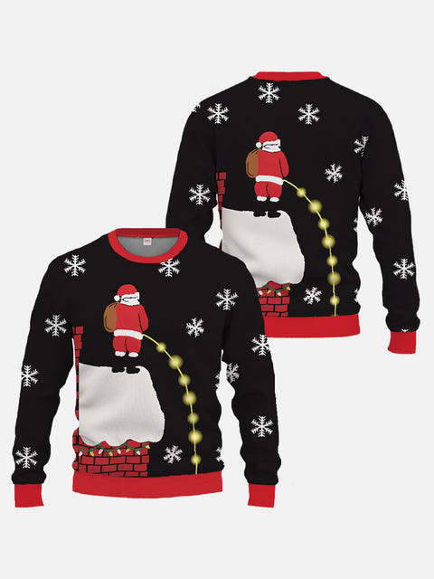 Black Christmas Naughty Santa Standing On Roof Printing Round Collar Sweatshirt