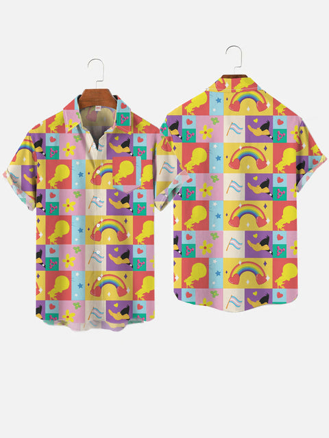 Color Block Splicing Cartoon Rainbow Pattern Printing Breast Pocket Short Sleeve Shirt