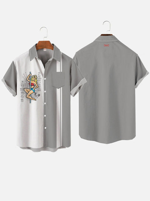 Retro 50s Gray And White Stitching Stripes And Dancing Girl Printing Breast Pocket Short Sleeve Shirt