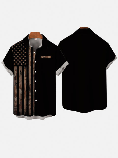 Vintage Casual American Flag And Black Patchwork Printing Breast Pocket Short Sleeve Shirt
