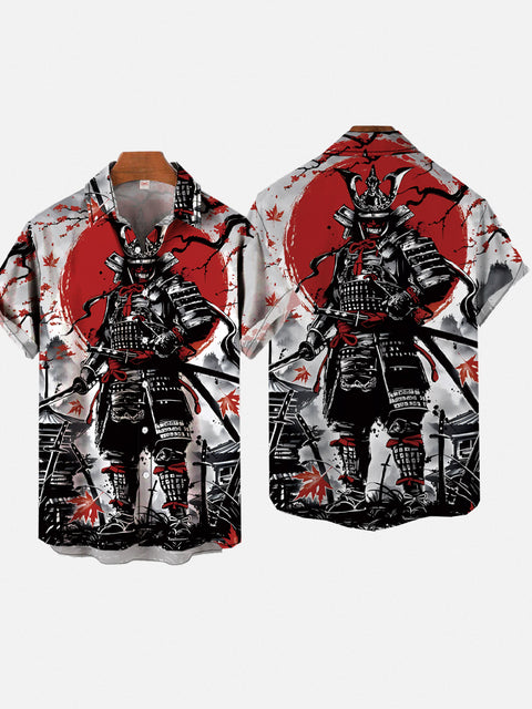 Vintage Ukiyo-E Japan Style Samurai Fighter Printing Short Sleeve Shirt