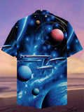 Eye-Catching Blue Outer Space Galaxy Planet And Spaceship Printing Cuban Collar Hawaiian Short Sleeve Shirt