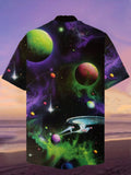 Eye-Catching Psychedelic Black And Purple Mysterious Outer Space Planets And Spaceships Printing Cuban Collar Hawaiian Short Sleeve Shirt