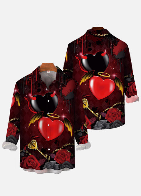 Valentine's Day Red And Black Devil And Angel Hearts And Roses Printing Long Sleeve Shirt