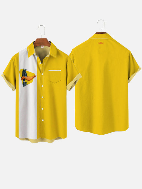Retro Yellow And White Stripe And Back Duck Cartoon Costume Breast Pocket Short Sleeve Shirt