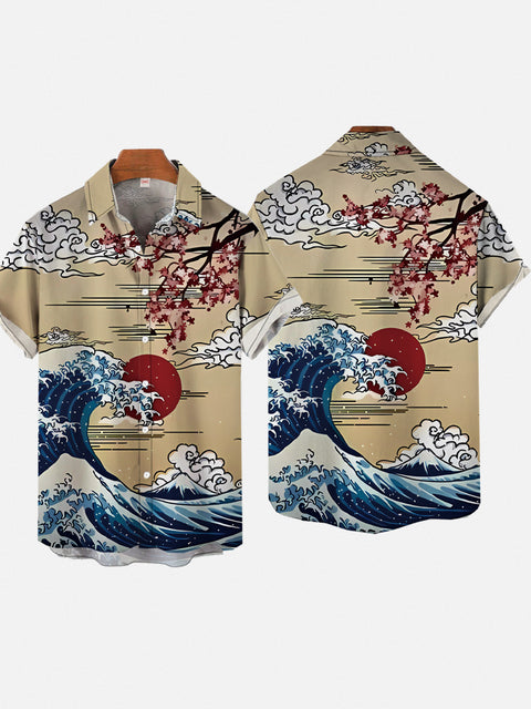 Ukiyo-E Red Flowers With Ocean Waves Personalized Printing Short Sleeve Shirt