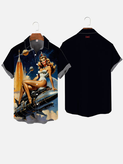 Vintage Pin Up Girl Poster Space Elements Rocket And Beauty Printing Short Sleeve Shirt