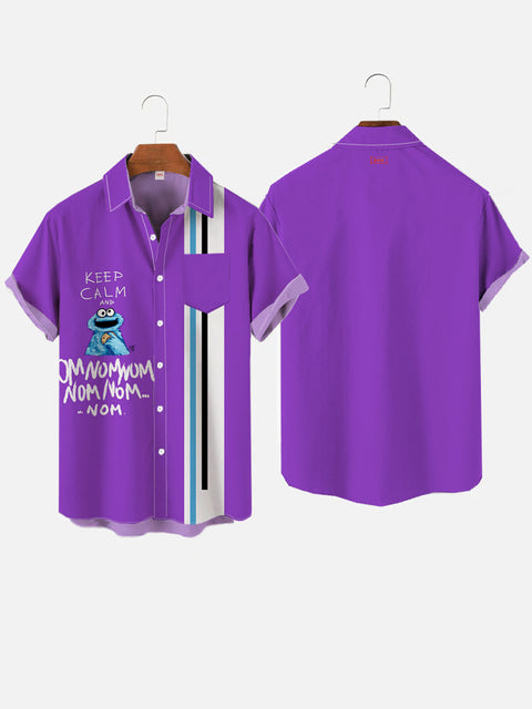 50S Retro Purple White Striped Cookie Monster Printing Breast Pocket Short Sleeve Shirt