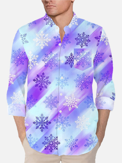 Abstract Gradient Purple Holiday Snowflakes Printing Breast Pocket Long Sleeve Shirt