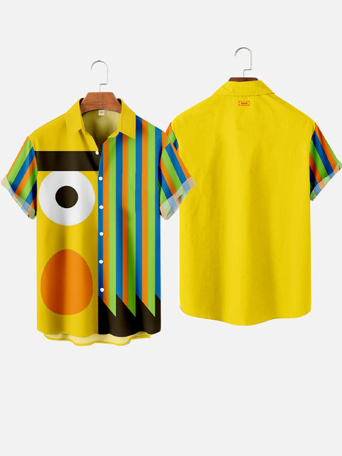 Yellow Stitching Stripes Cartoon Image With Thick Eyebrows Printing Short Sleeve Shirt