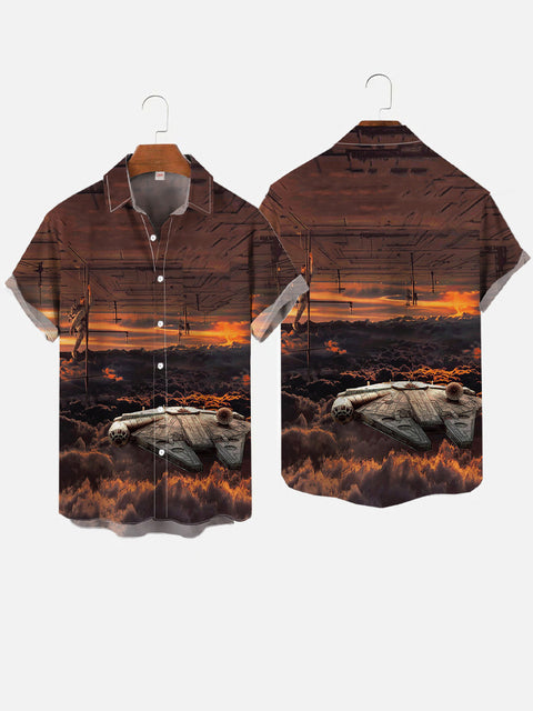 Sci-Fi Space War Spaceships And Soldier Printing Breast Pocket Short Sleeve Shirt